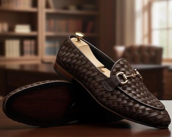 Handmade Woven Brown Leather Loafers for Men | Braided Slip-On Summer Dress Shoes