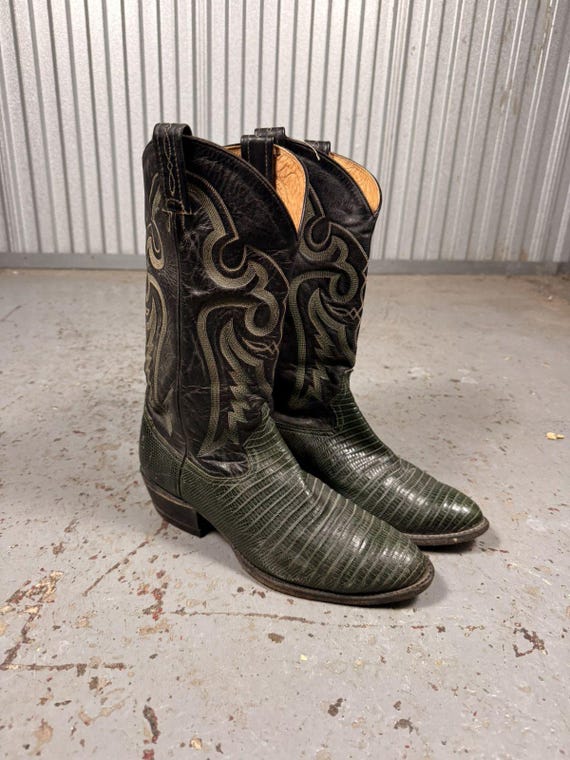 90s Vintage Tony Lama Green Teju Lizard Skin Cowboy Boots