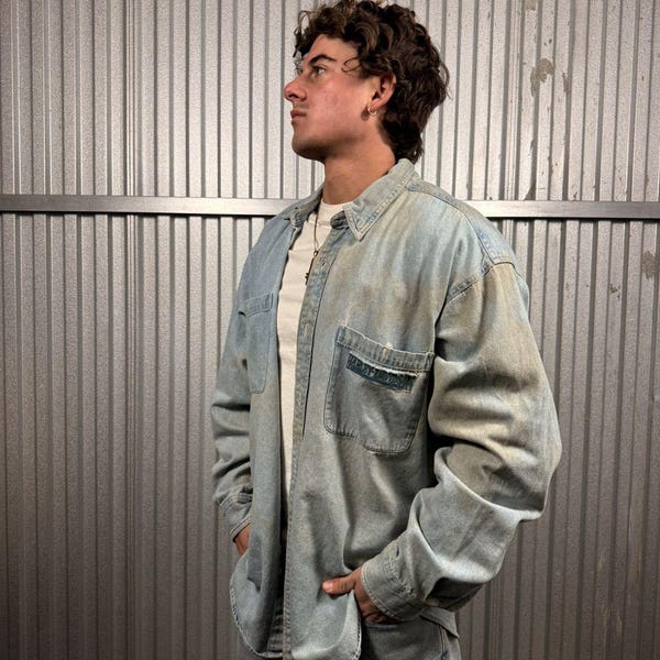 Distressed Vintage Harley Davidson Denim Button Up Shirt