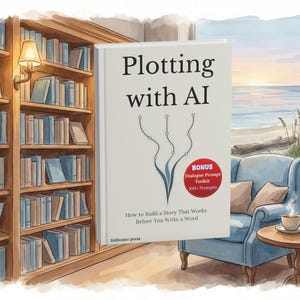 May include: Watercolor illustration of a book titled "Plotting with AI" with a bonus toolkit. The book is in front of a bookshelf and a window with a beach view. A blue armchair and a small table with a cup of coffee are also in the scene.