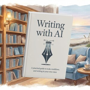 May include: A watercolour illustration of a book titled "Writing with AI" with a pen nib design. The book is propped up in front of a bookshelf and a window overlooking a beach scene. A blue armchair and coffee table are also visible.