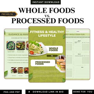 May include: A digital educational guide titled Whole Foods vs. Processed Foods, featuring a central Fitness & Healthy Lifestyle panel with food imagery, a left-side guidance page with salad examples, and a right-side weekly whole foods plan tracker.