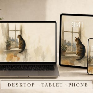 Può includere: Un portatile, un tablet e uno smartphone che mostrano uno sfondo digitale con un gatto tigrato seduto sul davanzale di una finestra che guarda verso la città. Gli schermi indicano le 9:41. I dispositivi sono posizionati accanto a una piantina.