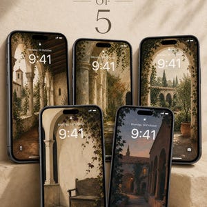 May include: Five smartphones arranged in a group, each displaying a digital wallpaper featuring a Mediterranean-style courtyard with stone arches, greenery, and a wooden bench. The text BUNDLE OF 5 is centred above the devices.