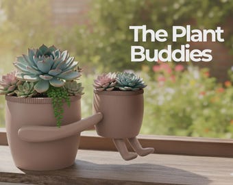 May include: Two decorative planters with succulents. One planter has a handle and the other has legs. The planters are light pink and sit on a wooden surface in front of a window. The text "The Plant Buddies" is displayed.