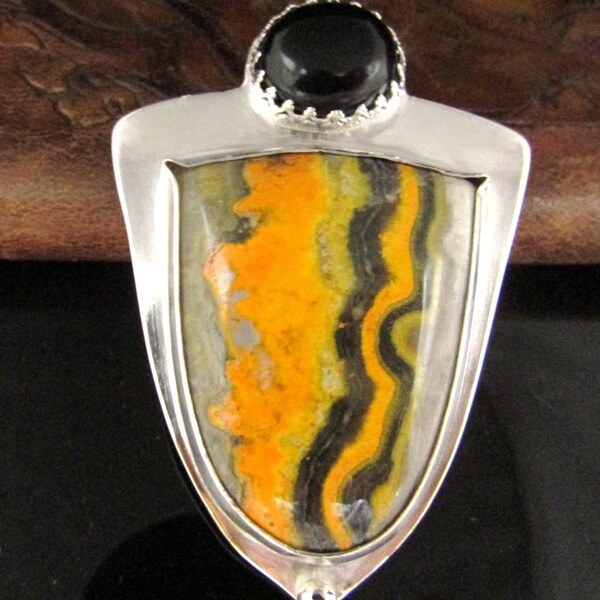 BUMBLE BEE JASPER with Black Onyx bezel set in Sterling Silver Pendant