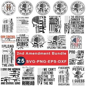 Könnte beinhalten: Eine Sammlung von Schwarz-Weiß-Grafiken mit Text zum 2. Zusatzartikel. Designs umfassen Schädel, Waffen und patriotische Themen. Das Bundle enthält 25 SVG-, PNG-, EPS- und DXF-Dateien.