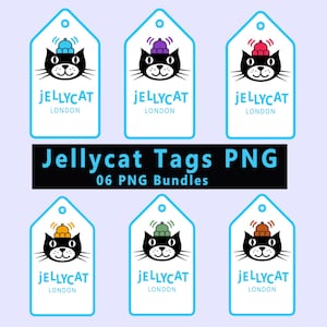 May include: Six white tags with a cartoon cat wearing a hat, each with a different color hat. The tags have a blue border and the text "JELLYCAT LONDON". The text "Jellycat Tags PNG 06 PNG Bundles" is also present.