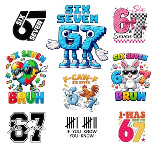 Pacchetto PNG Brainrot 67 più venduto, meme Six Seven PNG, clipart divertenti per bambini che giocano, design per magliette 6 7