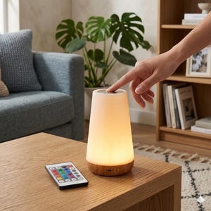 The Harmony Glow: Minimalist Wood and Acrylic RGB LED Table Lamp with 24-Button Remote Control