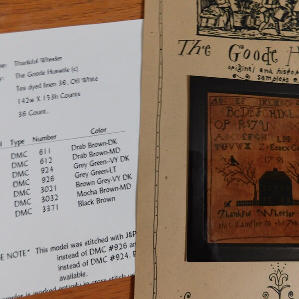 Thankful Wheeler cross stitch pattern The Goode Huswife rare original printing chart | New England prim colonial schoolgirl alphabet sampler