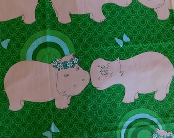 VTG mod Katasha's Unusuals Happy Hippo cotton canvas wrap skirt fabric | Schumacher Animal Collection lovey dovey groovy rainbow material