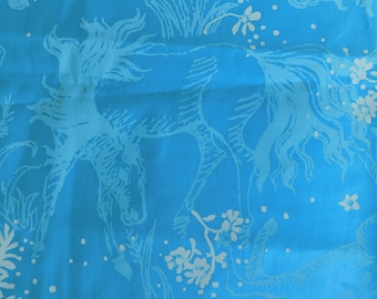 VTG Equus blue mustang stallion floral textile Key West Hand Print horse material Rare '60s KWHP Fabrics Susie Zuzek for Lilly Pulitzer 1 yd