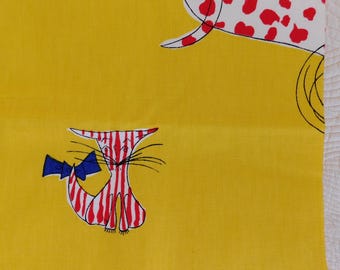 OOP Ameritex MCM groovy cat striped kitten yellow cotton canvas decor fabric mod polka dot French feline bespoke wrap skirt material 1 yd