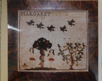 Margaret Pence 1781 cross stitch chart The Goode Huswife prim pattern OOP | HTF Adam and Eve Garden of Eden reproduction needlework sampler