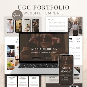 May include: A digital UGC portfolio website template featuring a laptop and smartphone displaying a landing page for Nessa Morgan, a UGC creator and content strategist. The layout includes sections for brand testimonials, photography, and service inquiries.