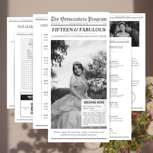 May include: A black and white newspaper-style Quinceañera program featuring the headline FIFTEEN & FABULOUS. The layout includes a photograph of a person in a formal gown and tiara, event schedules, a word search, and text detailing the celebration.