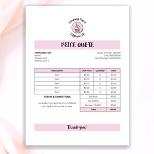 May include: A pink and white price quote template with the text "PRICE QUOTE" in large letters. The document includes fields for company name, prepared for, and itemized pricing. A cupcake logo is at the top.