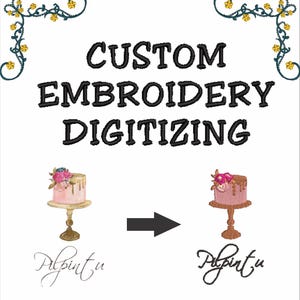 May include: The image displays the text "CUSTOM EMBROIDERY DIGITIZING" in black, stylized lettering. It features illustrations of cakes on stands, with a before-and-after representation. Floral corner designs and a signature are also present.