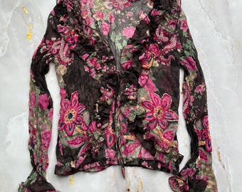 Black Floral Ruffle Blouse Pink Rose Print Sheer Boho Romantic Goth Top