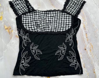 Black Embroidered Floral Tank Top Gingham Check Lace Trim Y2K Grunge