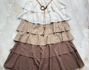 Boho Tiered Ruffle Skirt Neutral Color Block Layered Skirt Cottagecore