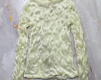 Y2K Sheer Crinkle Turtleneck Top Pale Green Stretch Mesh Long Sleeve Size M