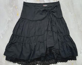Black Tiered Ruffle Skirt Lace Trim Asymmetrical Hem Romantic Goth Boho