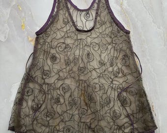 Top sin mangas vintage de malla transparente bordado, estilo Y2K, con encaje floral, estilo boho, hada y grunge.
