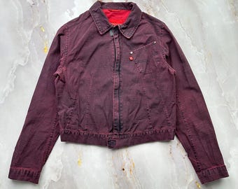 Vintage Burgundy Cropped Jacket Y2K Zip Up Cotton Blend Lightweight Jacket