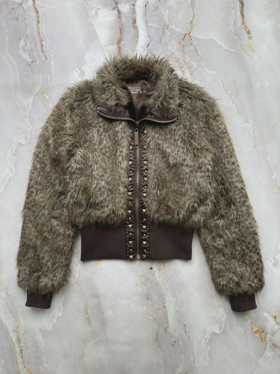 Y2K Faux Fur Jacket Studded Zip Up McBling Cropped Coat