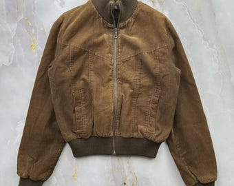 Brown Corduroy Bomber Jacket Ribbed Collar Zip Up Cropped Jacket