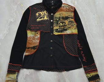 Y2K Graphic Button Up Shirt Black Red Contrast Panels Alternative Grunge