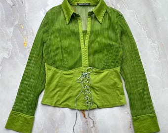 Y2K Lime Green Corset Top Lace Up Blouse Pleated Long Sleeve Fairycore Shirt