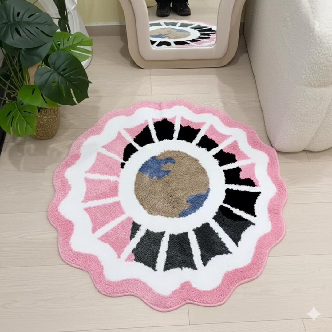 Cozy Pastel Pink Floral Rug With Globe Center - Scalloped Edge Area Rug ...