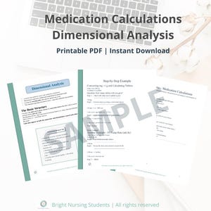 Könnte beinhalten: Mehrere druckbare PDF-Dokumente mit den Titeln "Medication Calculations" und "Dimensional Analysis." Die Dokumente enthalten Beispiele und Berechnungen. Der Text "Printable PDF | Instant Download" ist ebenfalls sichtbar.