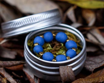 May include: An open, small, silver tin with a lid next to it, containing a circle of blue beads with gold accents. The tin sits on a bed of brown leaves and wood.