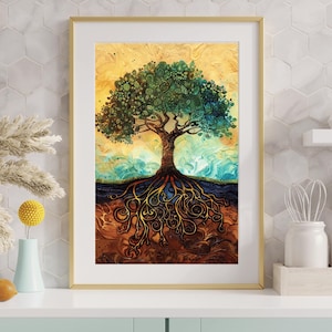 Tree of Life Wall Art, Mandala Tree Illustration, Boho Spiritual Decor, Roots and Leaves Artwork, Digital Download