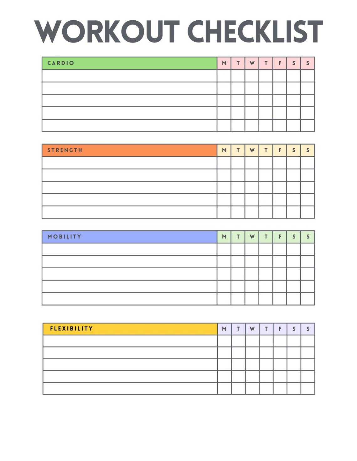 Printable Weekly Workout Checklist Monday Thru Sunday Cardio Strength Mobility Flexibility - Etsy