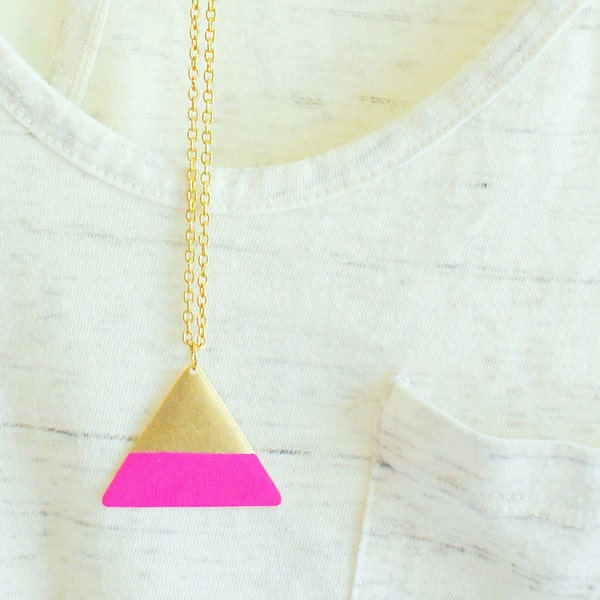 gold triangle neon pink color block necklace