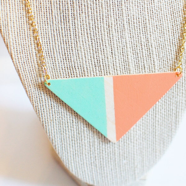 painted wood triangle pendant necklace - coral, mint color block - gold chain