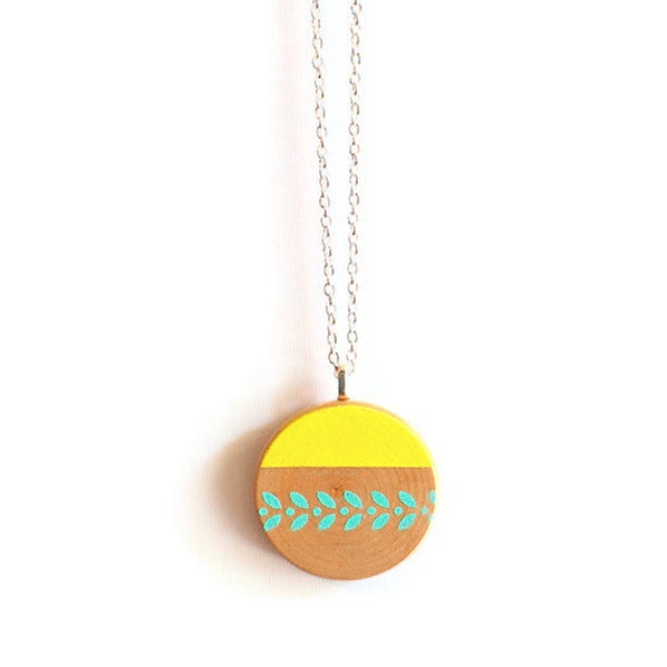 folk style hand painted wood necklace - yellow, mint - leaf pattern