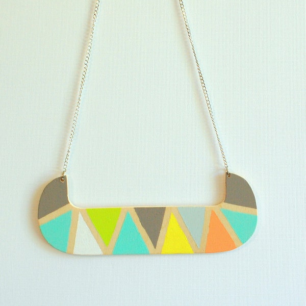 modern tribal triangle pattern wood bib necklace - multi color - statement necklace