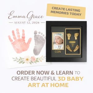 Puede incluir: Un kit de recuerdo para bebés con un marco negro, que incluye una foto, huellas de manos y pies, y moldes 3D de manos y pies. El kit incluye el texto "Emma Grace" y "August 12, 2026". El kit también incluye el texto "Create Lasting Memories Today".