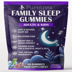 May include: A purple packet of Puretrex Family Sleep Gummies for adults and children. The packaging features a crescent moon and stars design, with text indicating the gummies are safe, natural, melatonin-free, sugar-free, vegan-friendly, and contain 100% natural ingredients. The packet contains 60 gummies with cherry flavour.