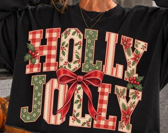 Holly Jolly Christmas Shirt Design, Festive Varsity Letters, Holiday Bow (Digital Download)