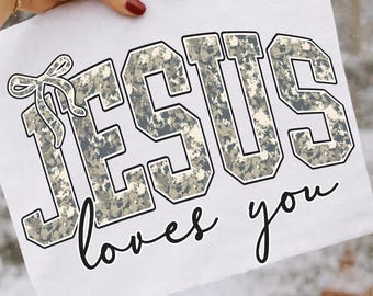 Jesus liebt dich PNG Shirt Design, Coquette Bow Camo Christian Grafik