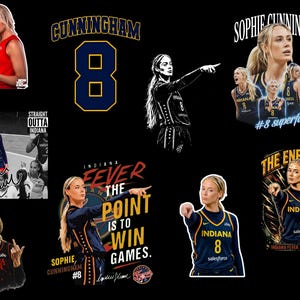 May include: A collection of stickers featuring basketball player Sophie Cunningham in her Indiana Fever jersey number 8, including various action poses, portraits, and text graphics like The Enforcer and The Point Is To Win Games.