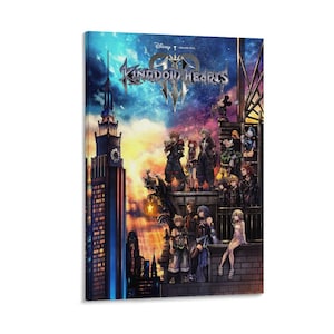 May include: A vertical canvas print featuring the Kingdom Hearts III logo and characters. The artwork depicts a cityscape with a dramatic sunset, and several characters are posed on a rooftop. The Disney logo is visible.