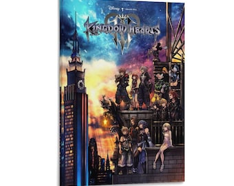 May include: A vertical canvas print featuring the Kingdom Hearts III logo and characters. The artwork depicts a cityscape with a dramatic sunset, and several characters are posed on a rooftop. The Disney logo is visible.